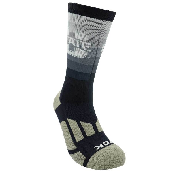 Utah State logo on fade performance socks.